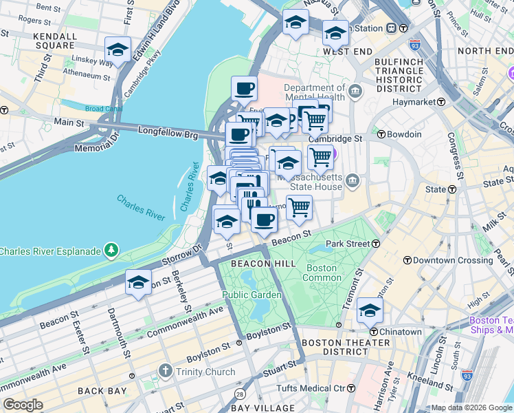 map of restaurants, bars, coffee shops, grocery stores, and more near in Boston