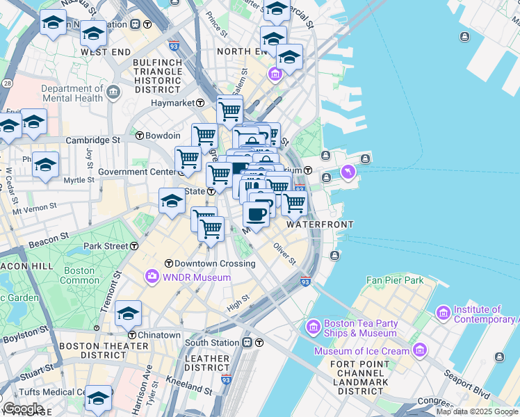 map of restaurants, bars, coffee shops, grocery stores, and more near 115 Water Street in Boston