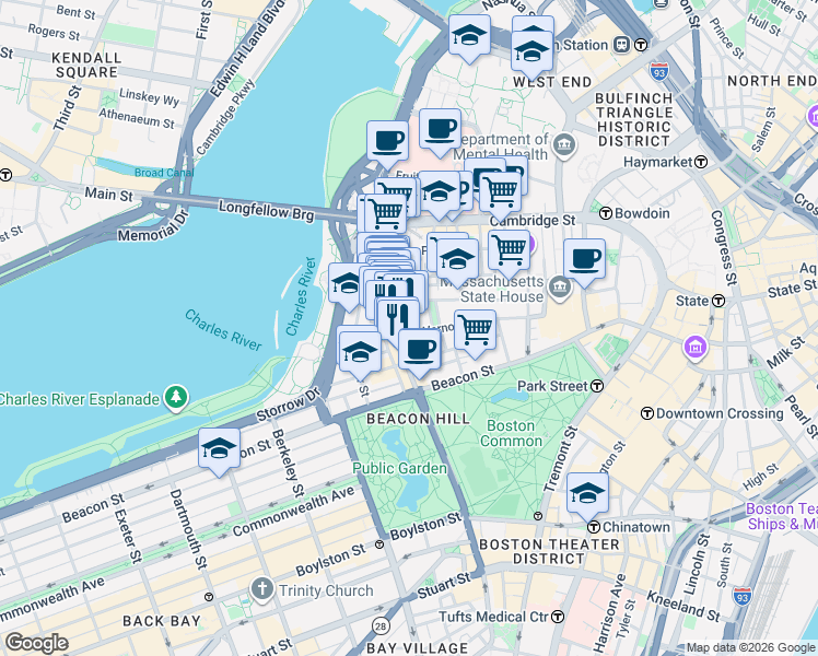 map of restaurants, bars, coffee shops, grocery stores, and more near 97 Mount Vernon Street in Boston