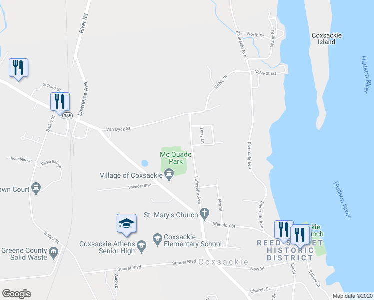 map of restaurants, bars, coffee shops, grocery stores, and more near 56 Lafayette Avenue in Coxsackie