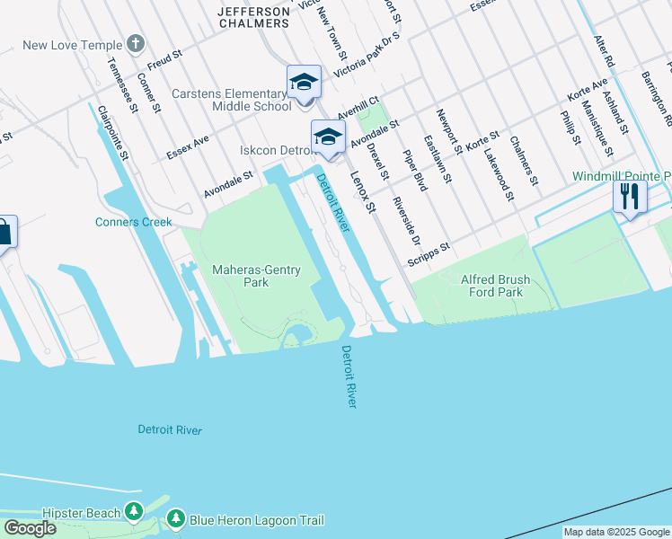 map of restaurants, bars, coffee shops, grocery stores, and more near 237 Keelson Drive in Detroit