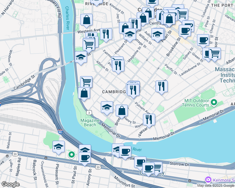 map of restaurants, bars, coffee shops, grocery stores, and more near 279 Pearl Street in Cambridge