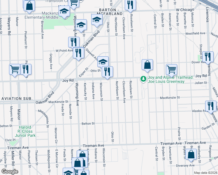 map of restaurants, bars, coffee shops, grocery stores, and more near 8595 Ohio Street in Detroit