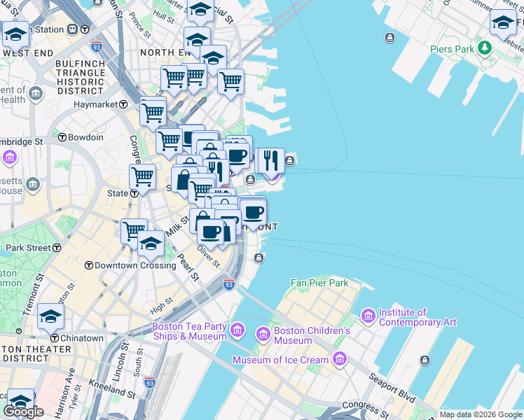 map of restaurants, bars, coffee shops, grocery stores, and more near 85 East India Row in Boston