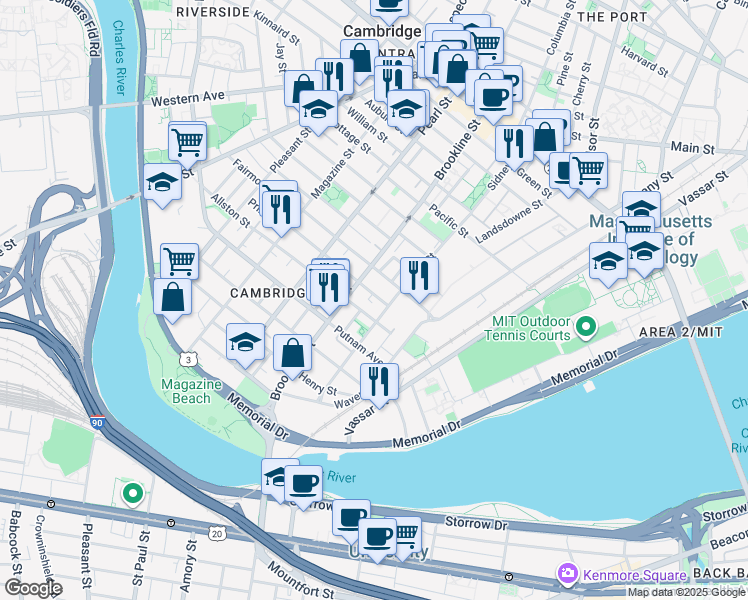 map of restaurants, bars, coffee shops, grocery stores, and more near 93 Hamilton Street in Cambridge