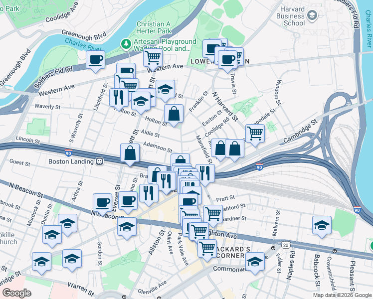 map of restaurants, bars, coffee shops, grocery stores, and more near 81 Franklin Street in Boston