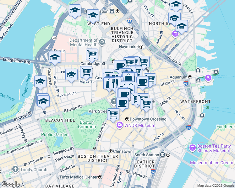 map of restaurants, bars, coffee shops, grocery stores, and more near 6 Beacon Street in Boston