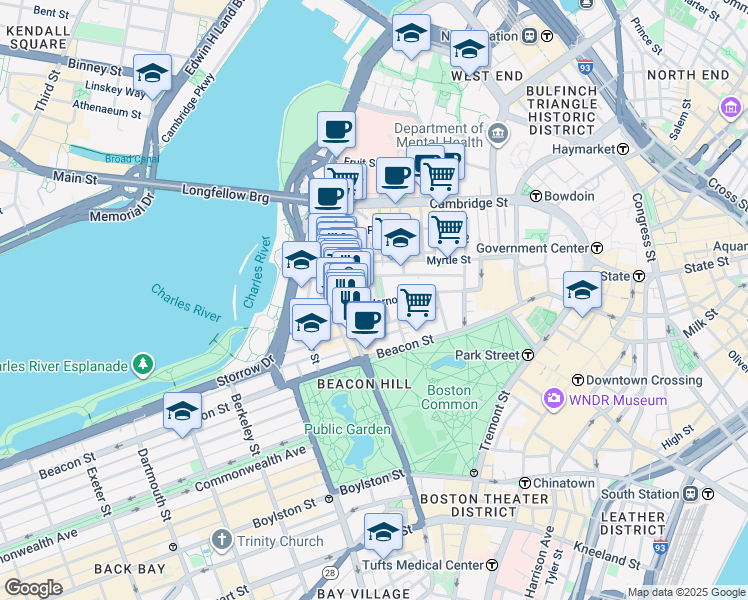 map of restaurants, bars, coffee shops, grocery stores, and more near 2 Louisburg Square in Boston