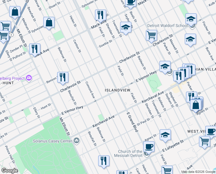 map of restaurants, bars, coffee shops, grocery stores, and more near 561 East Grand Boulevard in Detroit