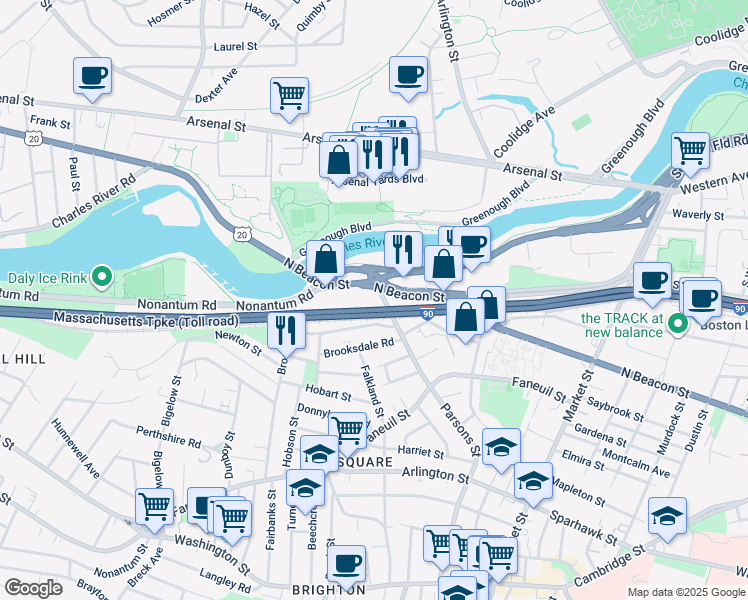 map of restaurants, bars, coffee shops, grocery stores, and more near 311 Leo M Birmingham Parkway in Boston