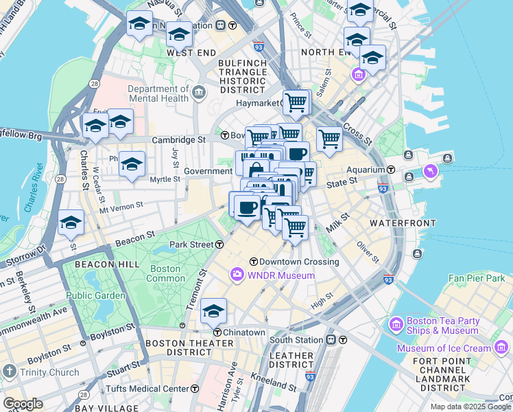 map of restaurants, bars, coffee shops, grocery stores, and more near 56 Tremont Street in Boston