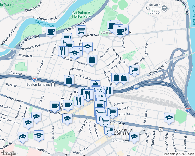 map of restaurants, bars, coffee shops, grocery stores, and more near 81 Franklin Street in Boston