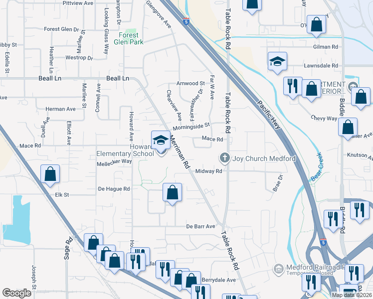 map of restaurants, bars, coffee shops, grocery stores, and more near 2798 Merriman Road in Medford