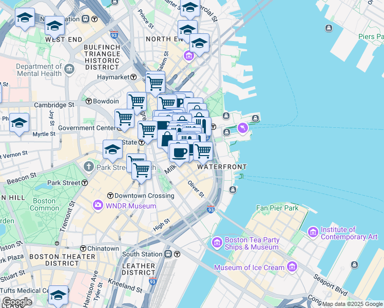 map of restaurants, bars, coffee shops, grocery stores, and more near 40 Broad Street in Boston