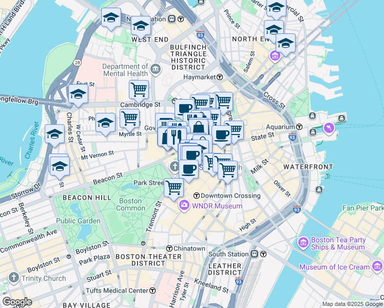 map of restaurants, bars, coffee shops, grocery stores, and more near 6 Beacon Street in Boston