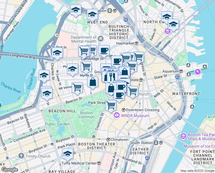 map of restaurants, bars, coffee shops, grocery stores, and more near 142-144 Bowdoin Street in Boston