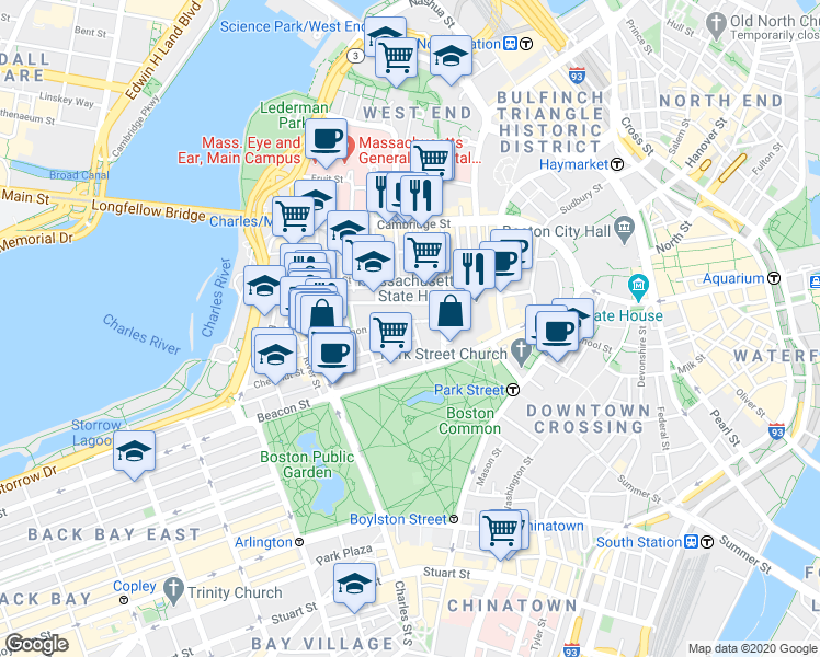 map of restaurants, bars, coffee shops, grocery stores, and more near in Boston