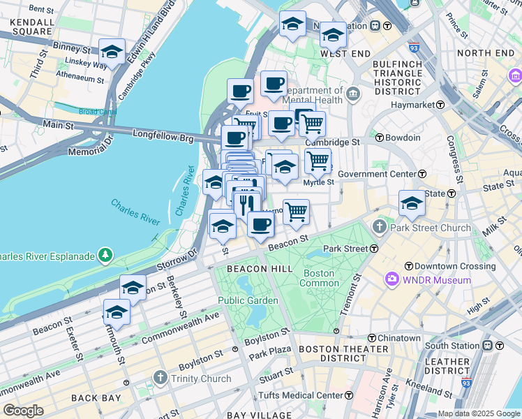 map of restaurants, bars, coffee shops, grocery stores, and more near 105 Charles Street in Boston