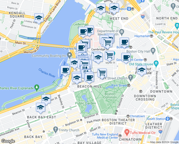 map of restaurants, bars, coffee shops, grocery stores, and more near 105 Charles Street in Boston