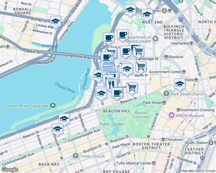 map of restaurants, bars, coffee shops, grocery stores, and more near 121 Pinckney Street in Boston