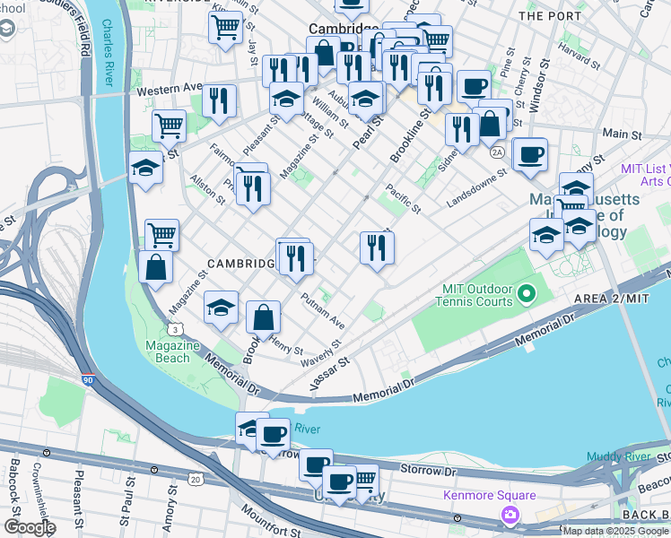 map of restaurants, bars, coffee shops, grocery stores, and more near 93 Hamilton Street in Cambridge