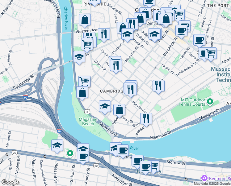 map of restaurants, bars, coffee shops, grocery stores, and more near 1 Newton Street in Cambridge