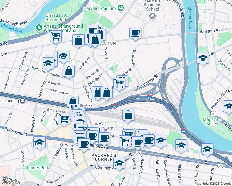map of restaurants, bars, coffee shops, grocery stores, and more near 76 Empire Street in Boston