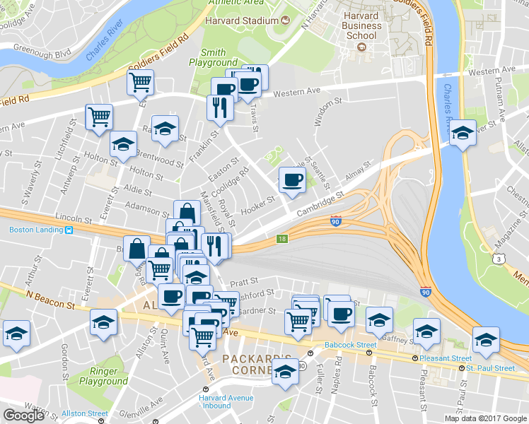 map of restaurants, bars, coffee shops, grocery stores, and more near 40 Hooker Street in Boston