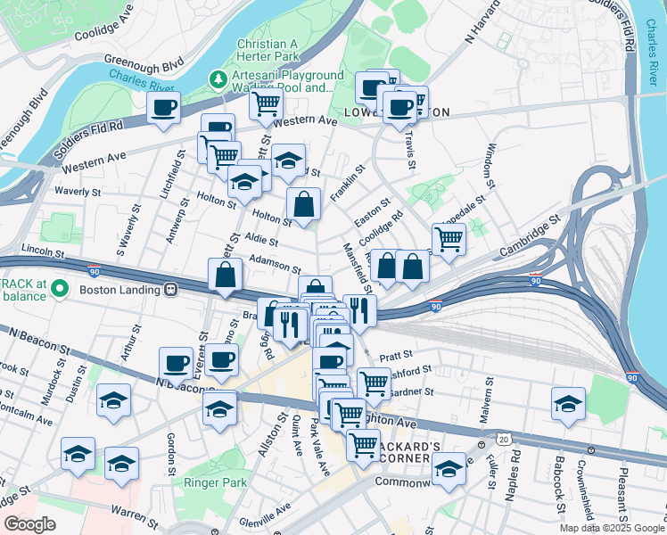 map of restaurants, bars, coffee shops, grocery stores, and more near 81 Franklin Street in Boston