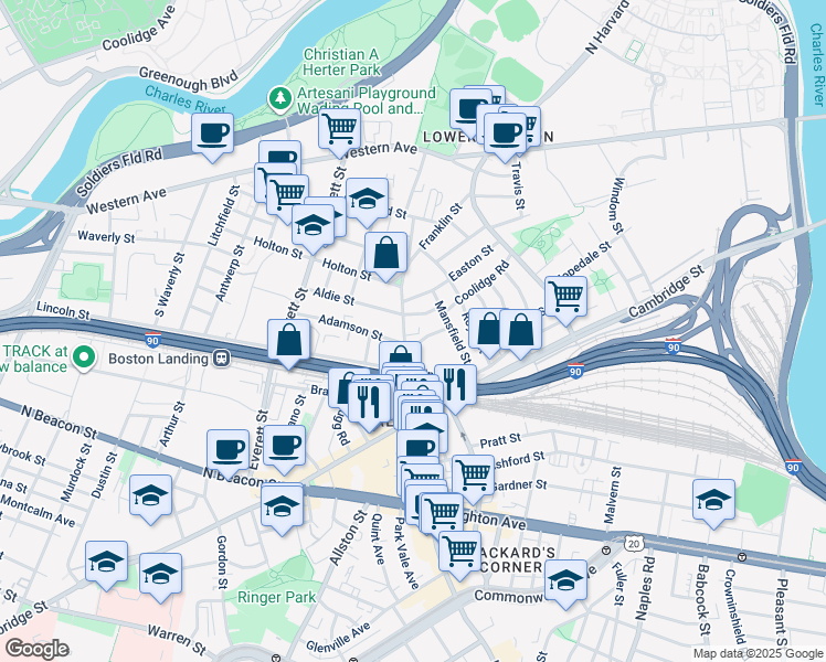 map of restaurants, bars, coffee shops, grocery stores, and more near 81 Franklin Street in Boston