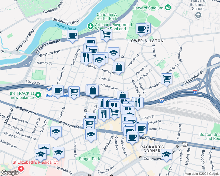 map of restaurants, bars, coffee shops, grocery stores, and more near 53 Aldie Street in Boston