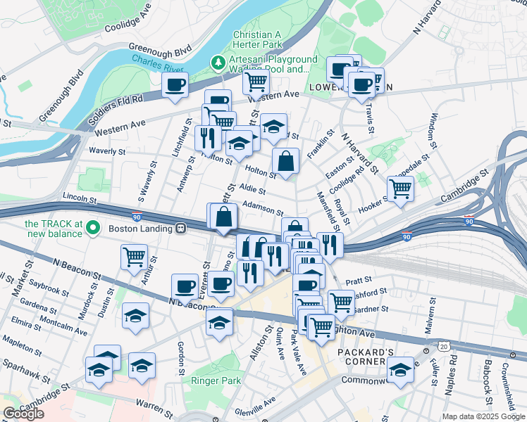 map of restaurants, bars, coffee shops, grocery stores, and more near 53 Aldie Street in Boston