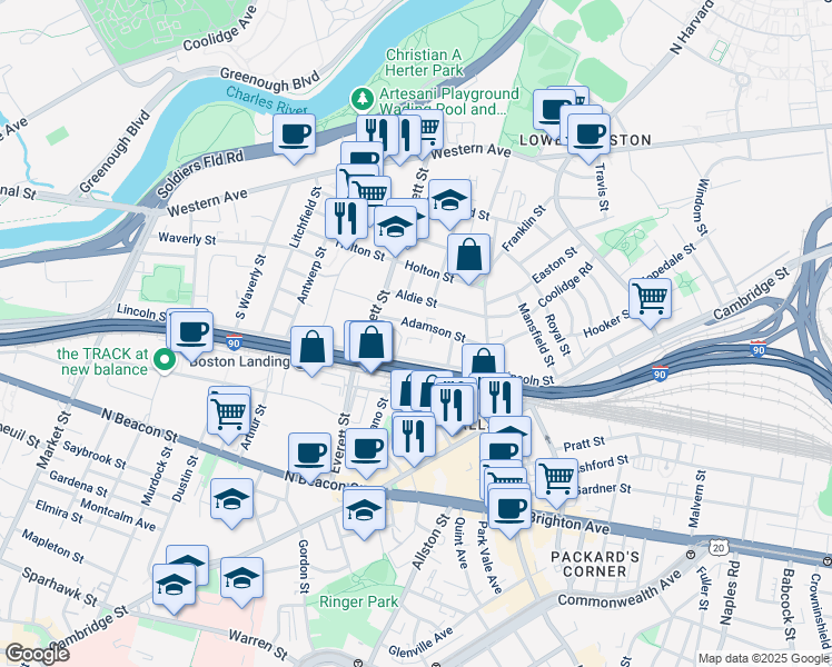 map of restaurants, bars, coffee shops, grocery stores, and more near 16 Adamson Street in Boston