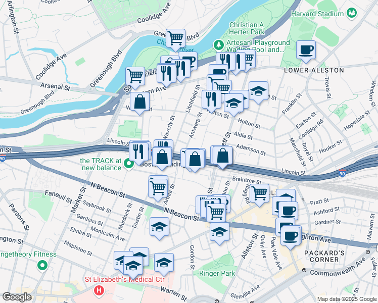 map of restaurants, bars, coffee shops, grocery stores, and more near 7 Antwerp Street in Boston