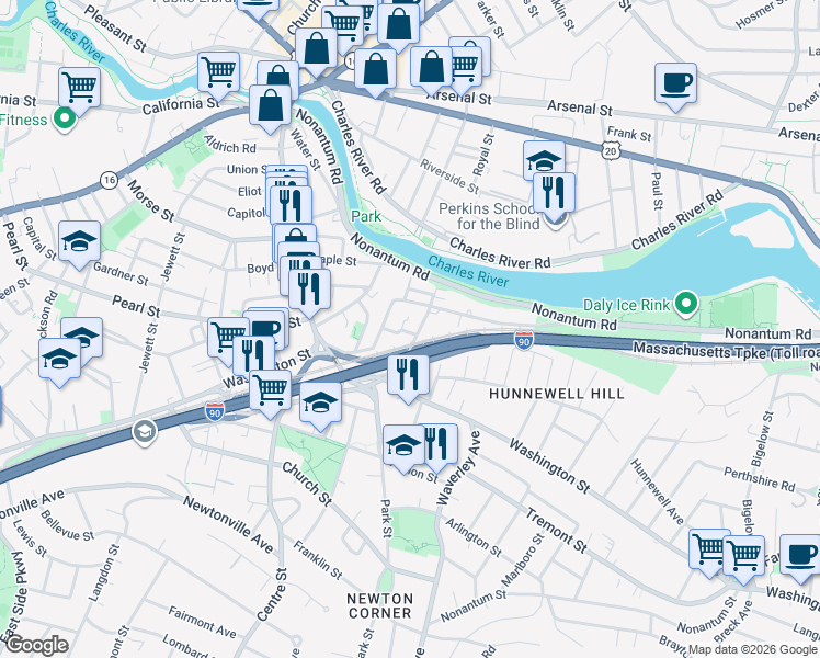 map of restaurants, bars, coffee shops, grocery stores, and more near 106 Charlesbank Road in Newton
