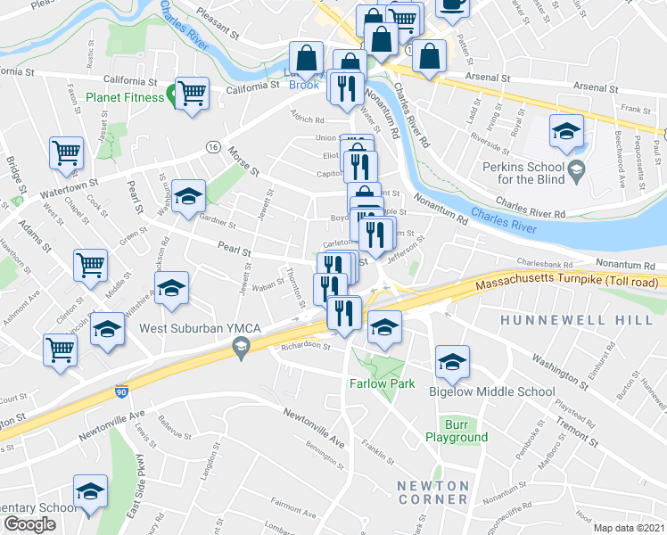 map of restaurants, bars, coffee shops, grocery stores, and more near 41 Pearl Street in Newton
