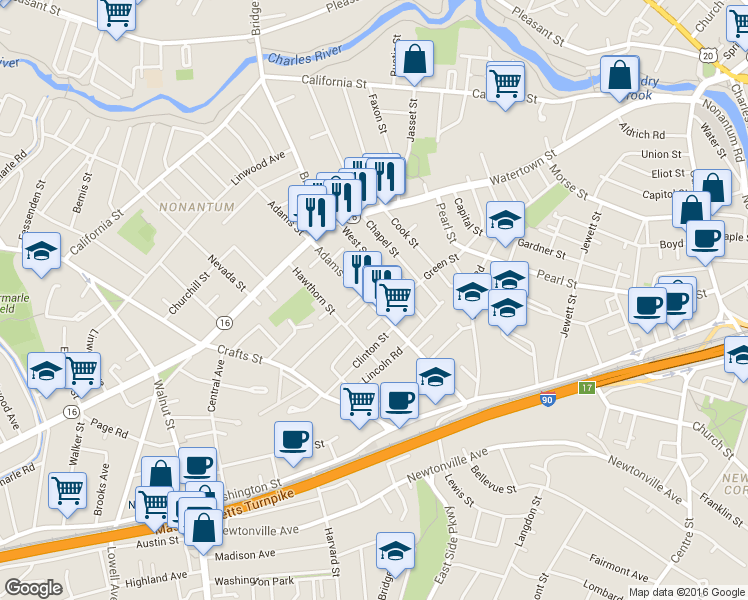 map of restaurants, bars, coffee shops, grocery stores, and more near 79 West Street in Newton