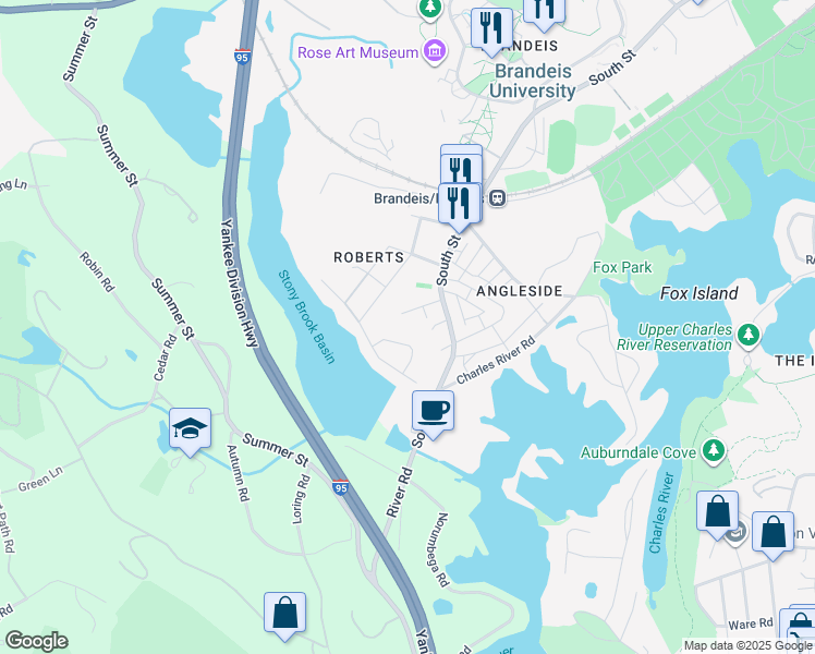 map of restaurants, bars, coffee shops, grocery stores, and more near 30 Banford Way in Waltham