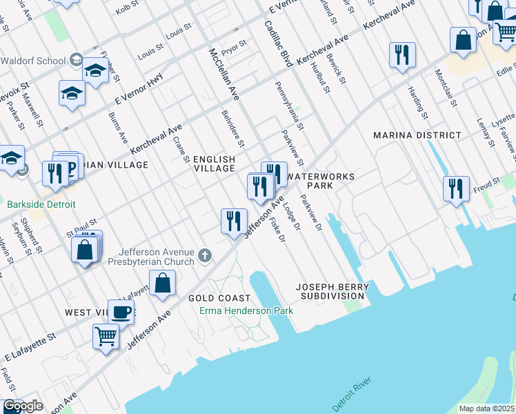 map of restaurants, bars, coffee shops, grocery stores, and more near 1227 Belvidere Street in Detroit