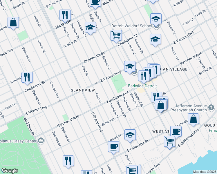 map of restaurants, bars, coffee shops, grocery stores, and more near 2238 Sheridan Street in Detroit