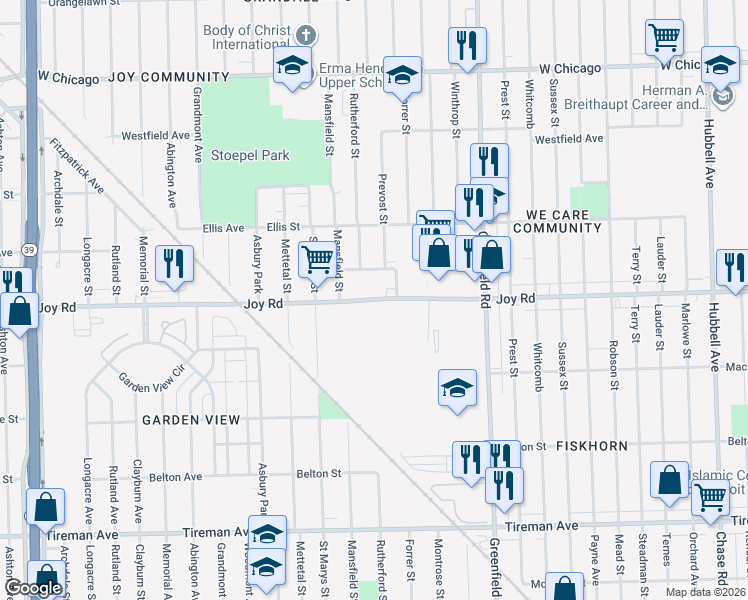 map of restaurants, bars, coffee shops, grocery stores, and more near 15860 Joy Road in Detroit