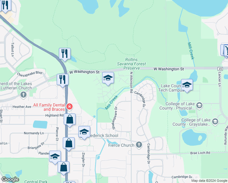 map of restaurants, bars, coffee shops, grocery stores, and more near 1065 Ellsworth Drive in Grayslake