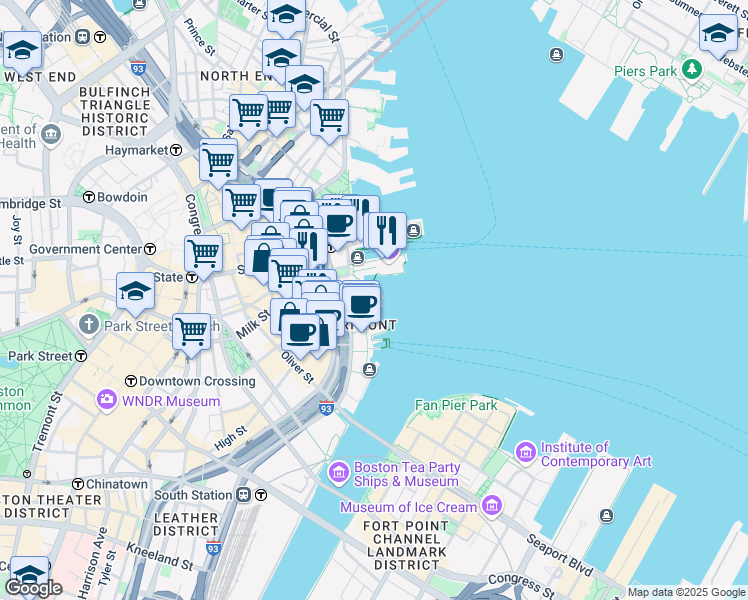 map of restaurants, bars, coffee shops, grocery stores, and more near 85 East India Row in Boston