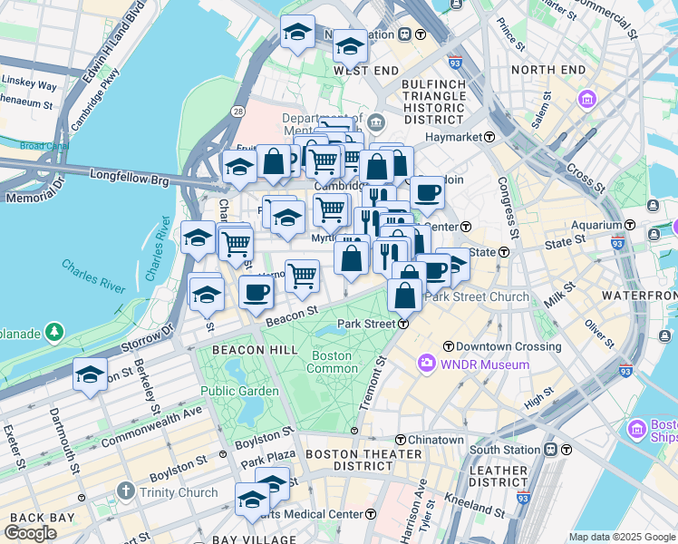 map of restaurants, bars, coffee shops, grocery stores, and more near 49 Mount Vernon Street in Boston