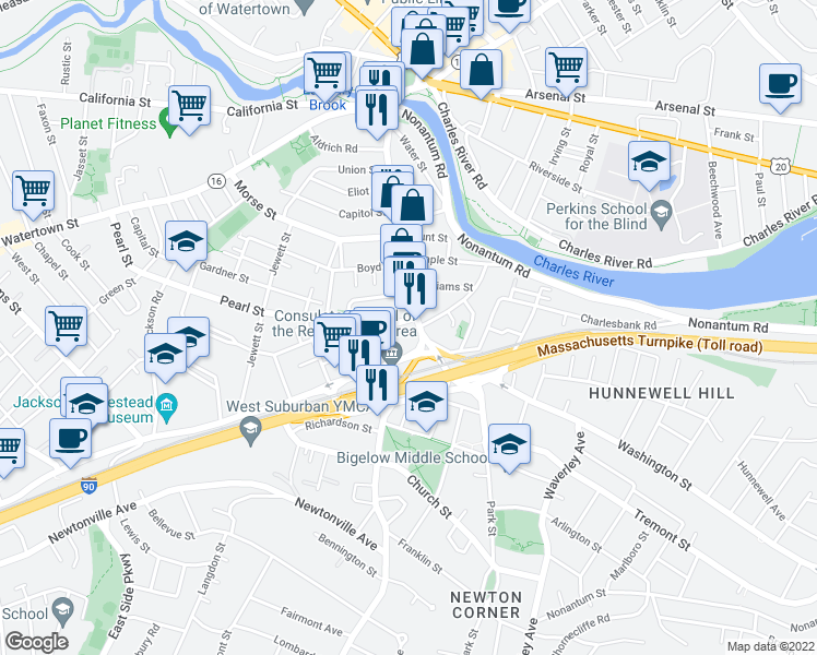 map of restaurants, bars, coffee shops, grocery stores, and more near 275 Washington Street in Newton