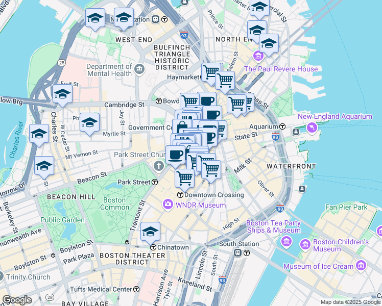 map of restaurants, bars, coffee shops, grocery stores, and more near 29 Court Square in Boston