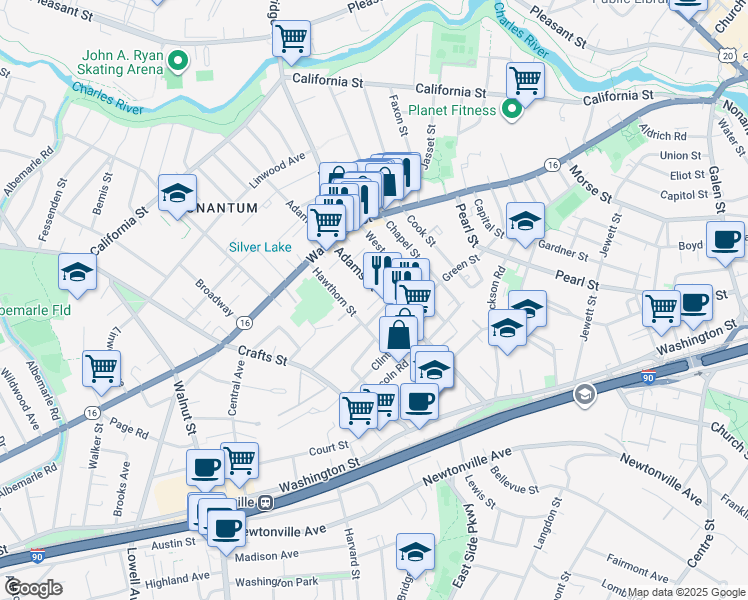 map of restaurants, bars, coffee shops, grocery stores, and more near 7 Quirk Court in Newton