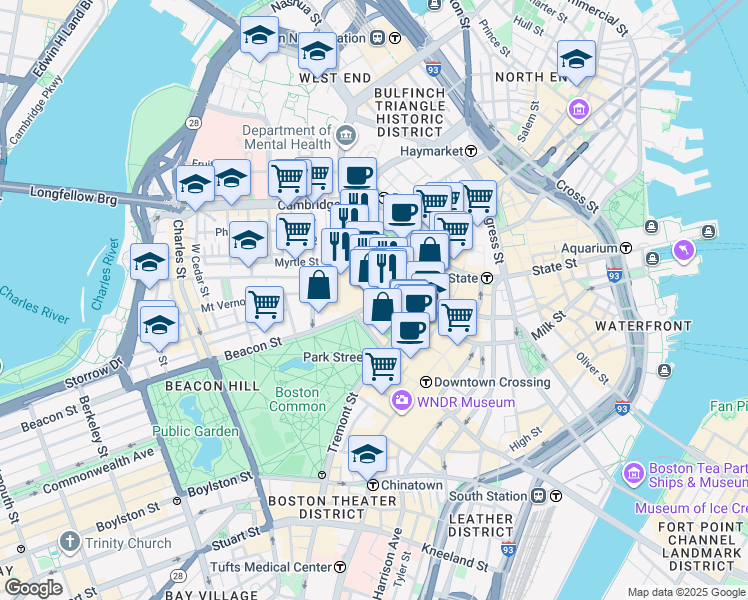 map of restaurants, bars, coffee shops, grocery stores, and more near 142-144 Bowdoin Street in Boston