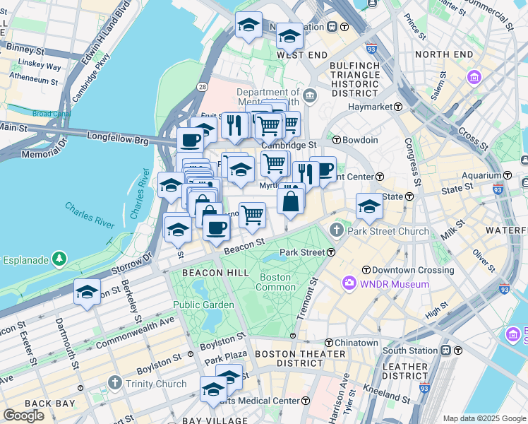map of restaurants, bars, coffee shops, grocery stores, and more near 75 Mount Vernon Street in Boston