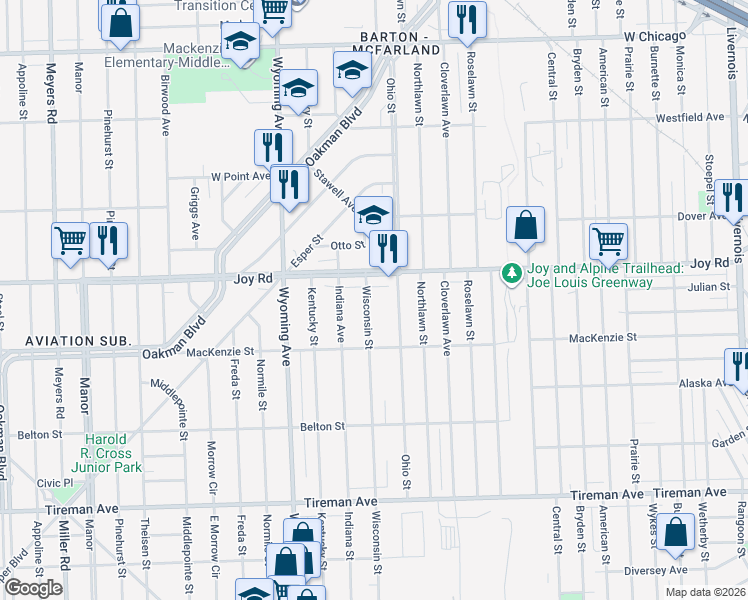 map of restaurants, bars, coffee shops, grocery stores, and more near 8600 Wisconsin Street in Detroit